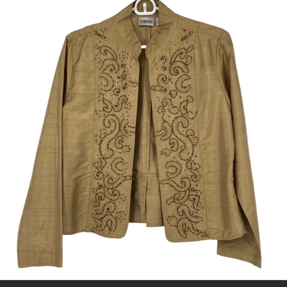 Chicos Size 1 (Regular Size 8) 100% Silk Tan Gold Brown Open Front Beaded Jacket